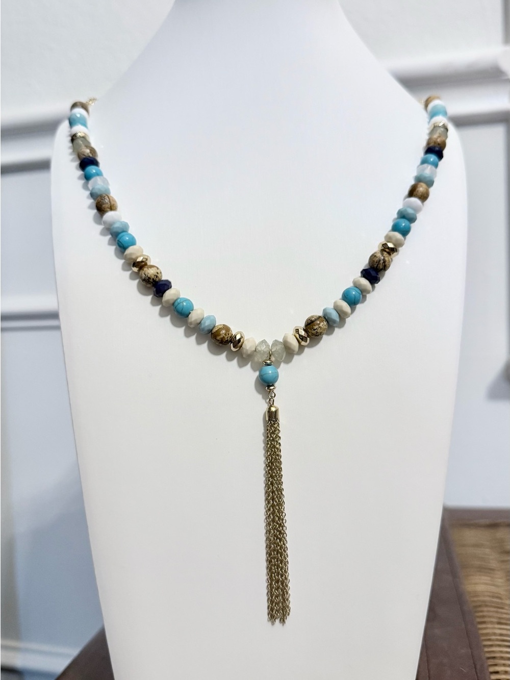 NWT Ashley Cooper Turquoise and Gold Bead Tassel Necklace and Earring Set